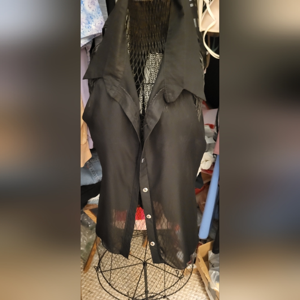 Black Sleeveless Button-Up Blouse,Skull SEQUINS ON Back!